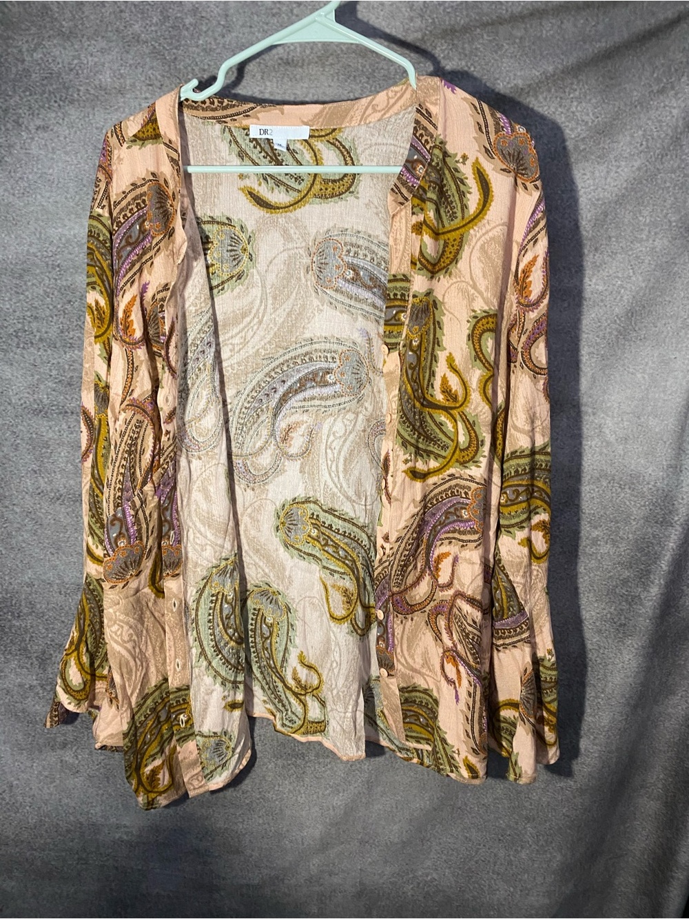 DR2 Womens Plus 3X Blouse Paisley Button Up Long Flare Sleeve Olive Beige Top - Picture 11 of 11